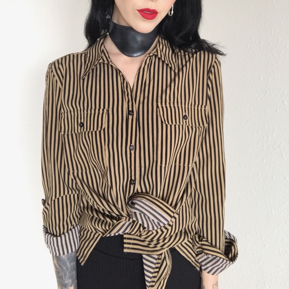 Beige & Black Striped Blouse